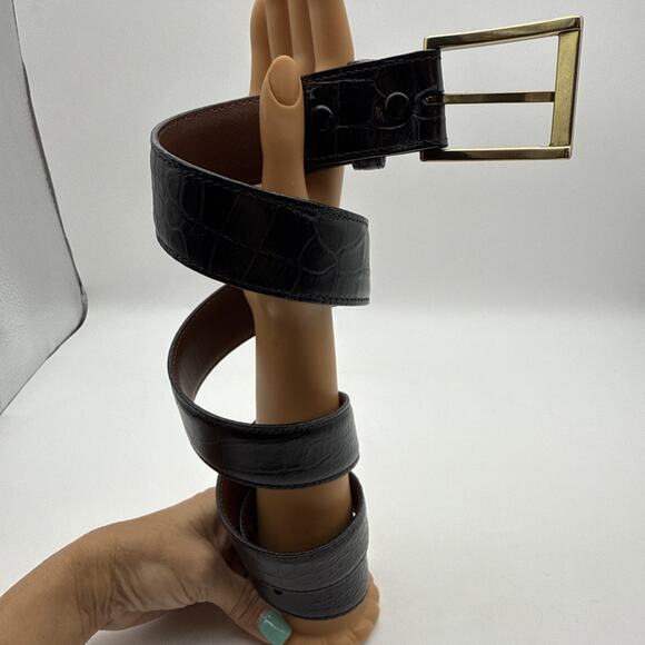 Men's TORINO Italian Embossed Croc Calf Leather Black Belt Sz 36 Made In USA - Picture 7 of 15